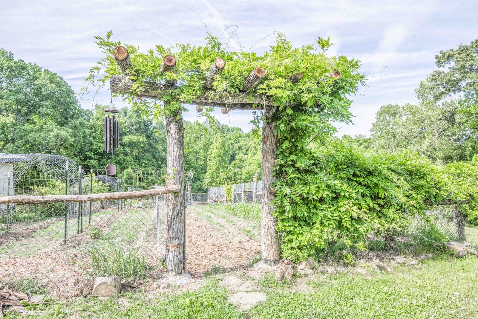 Rustic log arbor draped in wisteria framing the kitchen-garden gate